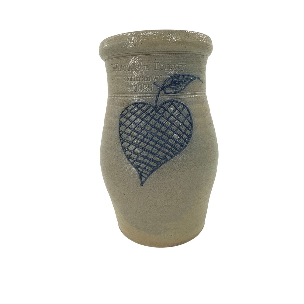 Wisconsin Pottery Pitcher Grey 1985 Cobalt Blue Heart Salt Glazed Stoneware